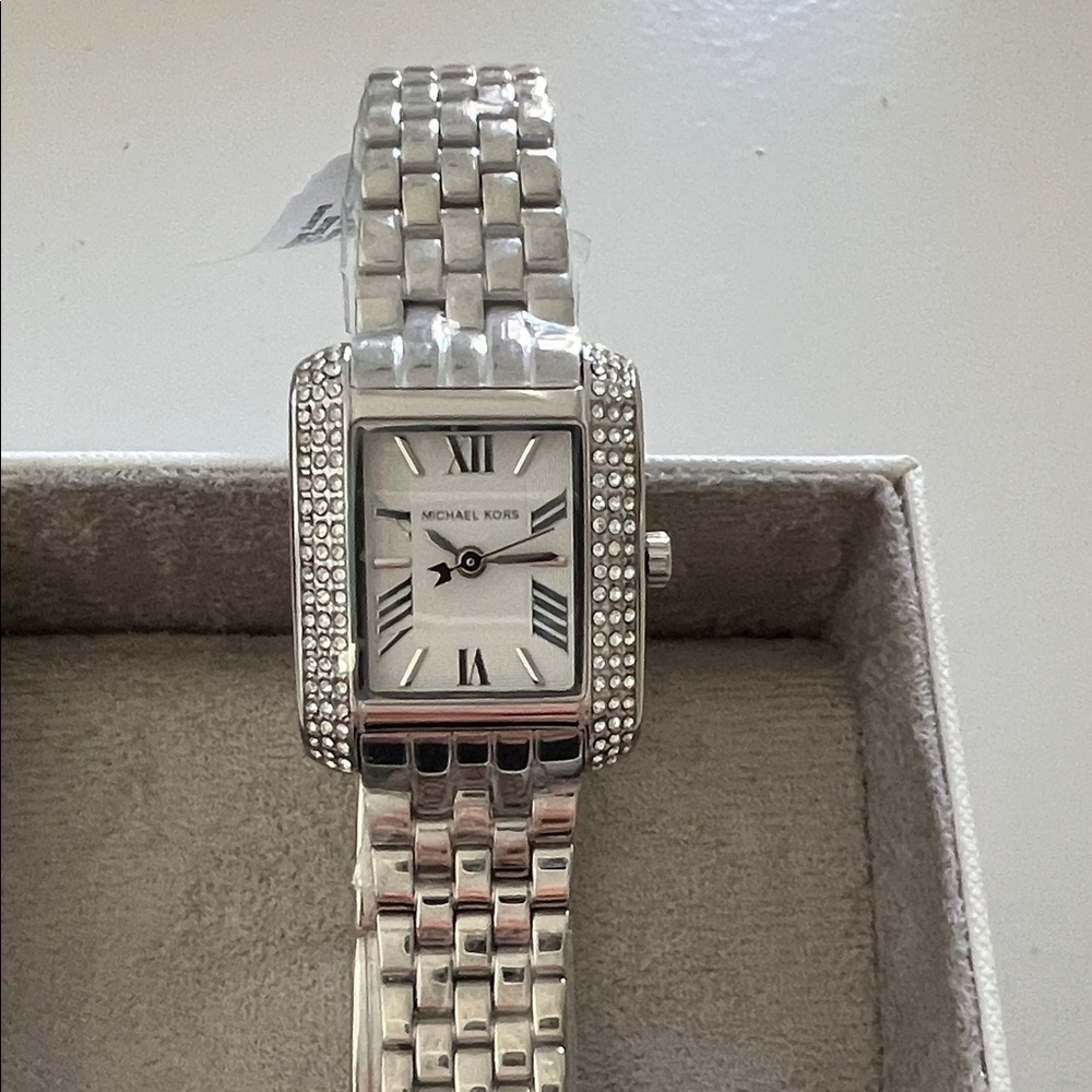 Michael Kors Silver Rectangular Watch with Crystal Details